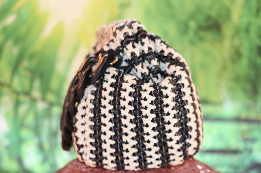 Black and White Crotchet Raffia Clutch
