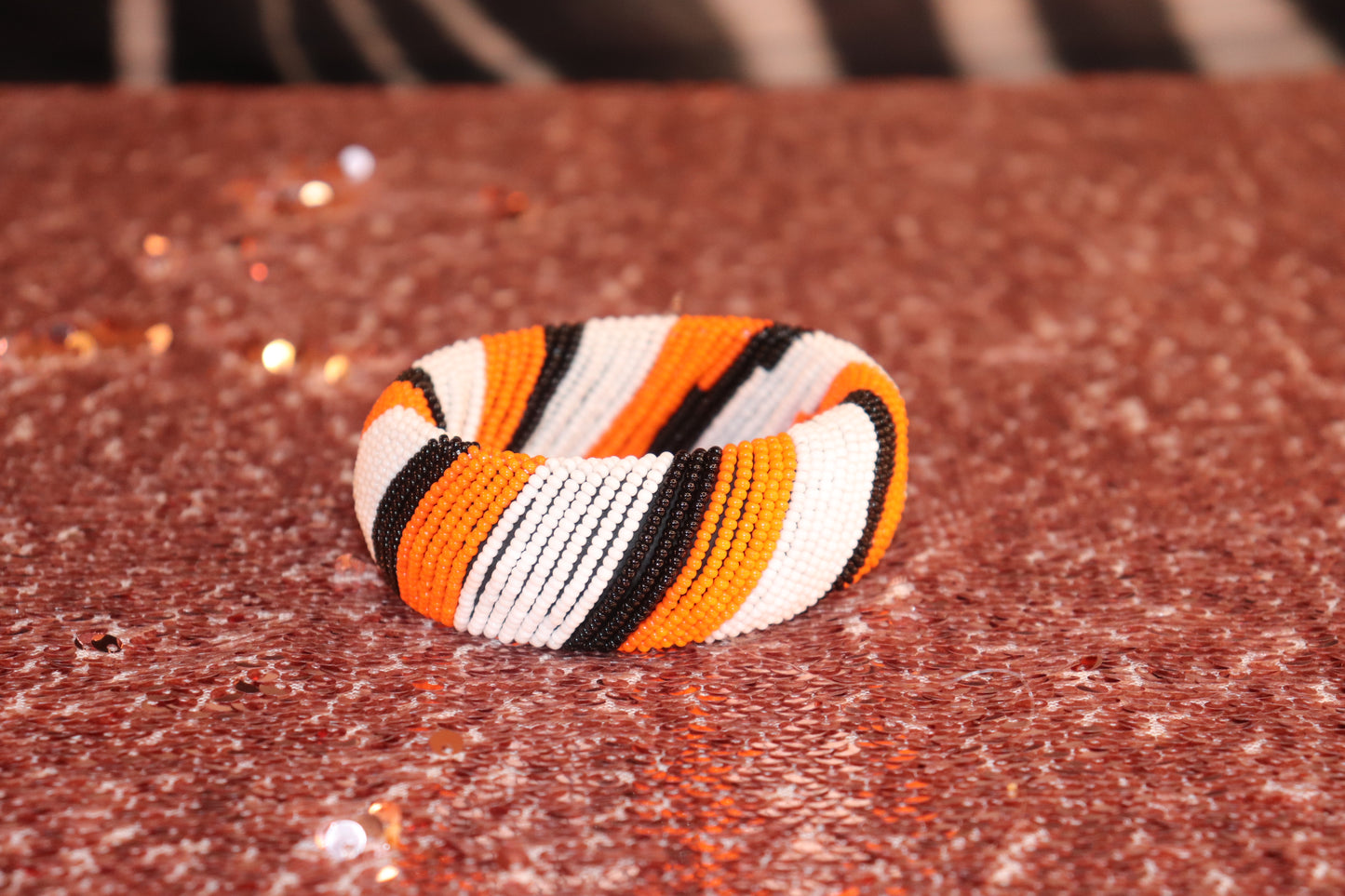 Handmade Orange Black White Beaded ￼ Nairobi Beauty  Bracelet