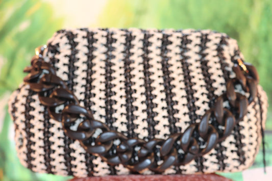 Black and White Crotchet Raffia Clutch